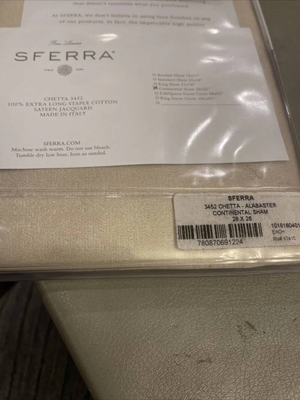 Sferra Alabaster Chetta Continental Euro European Sham 26x26 100% Cotton Sateen